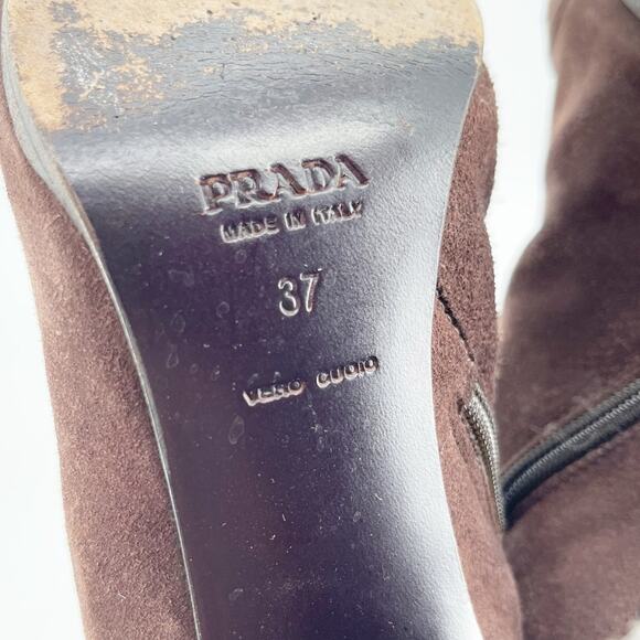 Vintage Prada Brown Suede Lace Up Square Toe High Heel Mid Calf Boots IT 37 - Picture 10 of 12